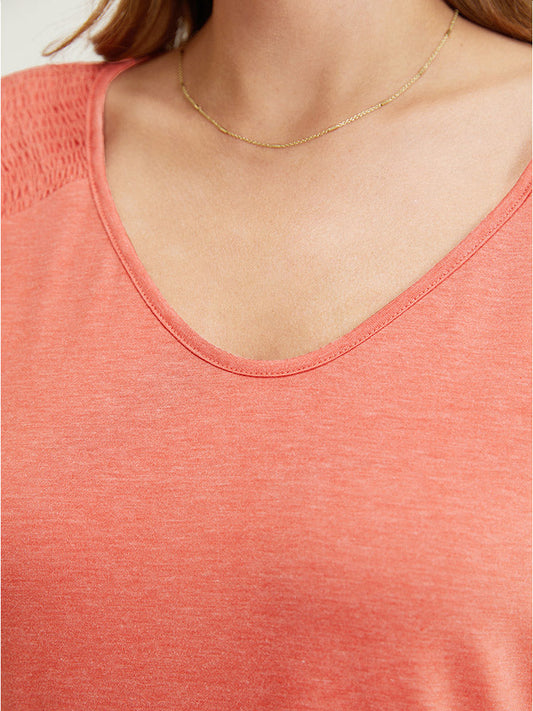 Solid Ruffle Tiered Shirred V Neck T-shirt