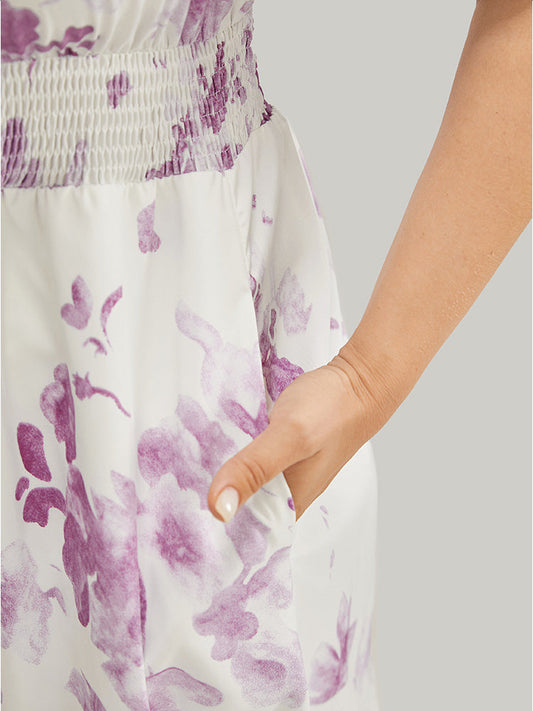 Floral Printed Puff Sleeve Knotted Shirred Ruffles Dress