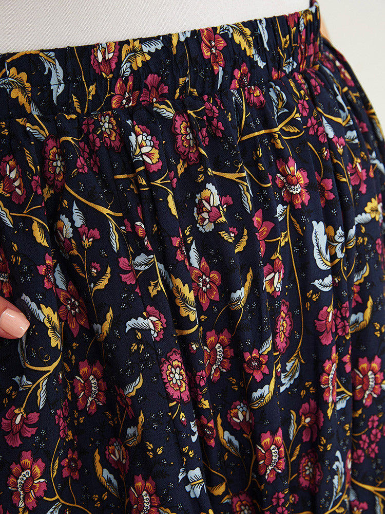Floral Print Elastic Waist Pocket Flutter Skirt
