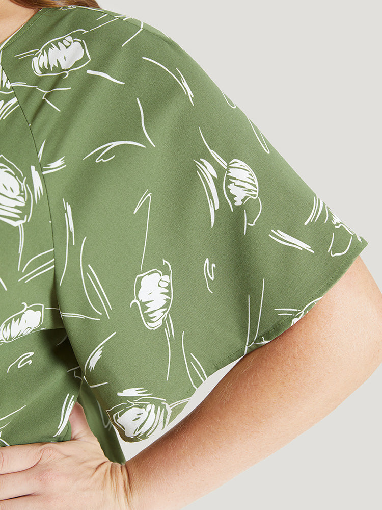 Floral Cut Out Crew Neck Ruffle Sleeve Knot Front Blouse