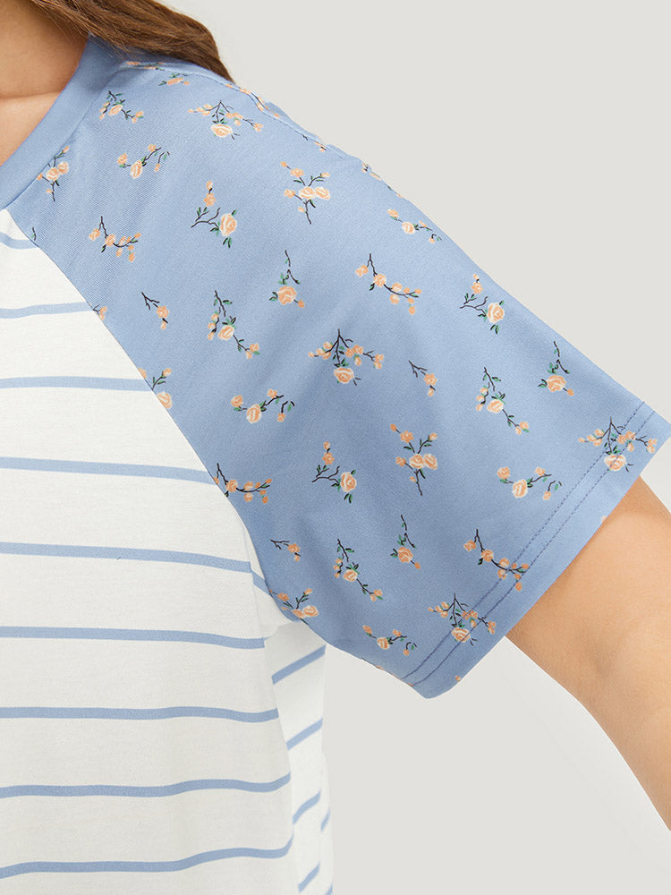 Striped & Ditsy Floral Crew Neck Raglan Sleeve T-shirt
