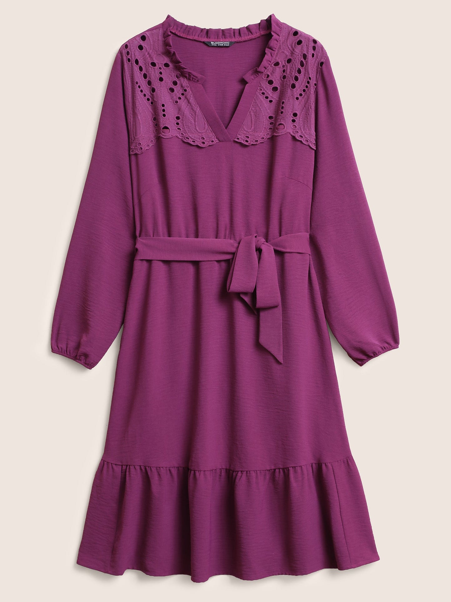 Solid Lace Panel Cut Out Belted Gathered Dress