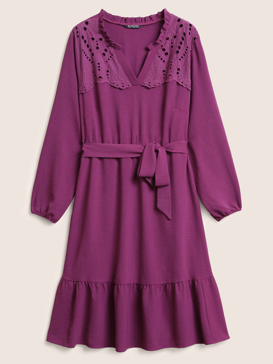 Solid Lace Panel Cut Out Belted Gathered Dress