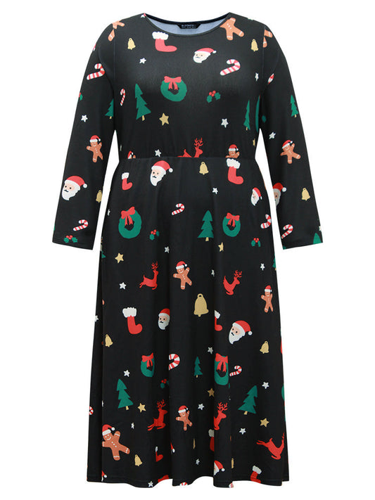Christmas Print Pocket Elastic Waist Dress