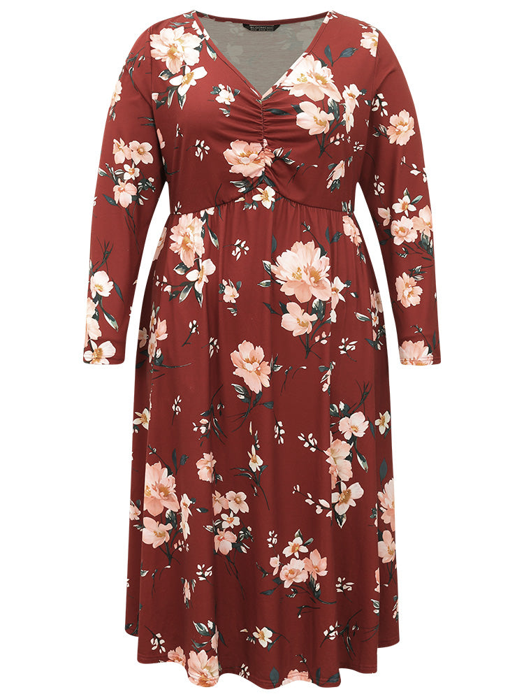 Floral Pocket Ruched Elastic Waist Dress