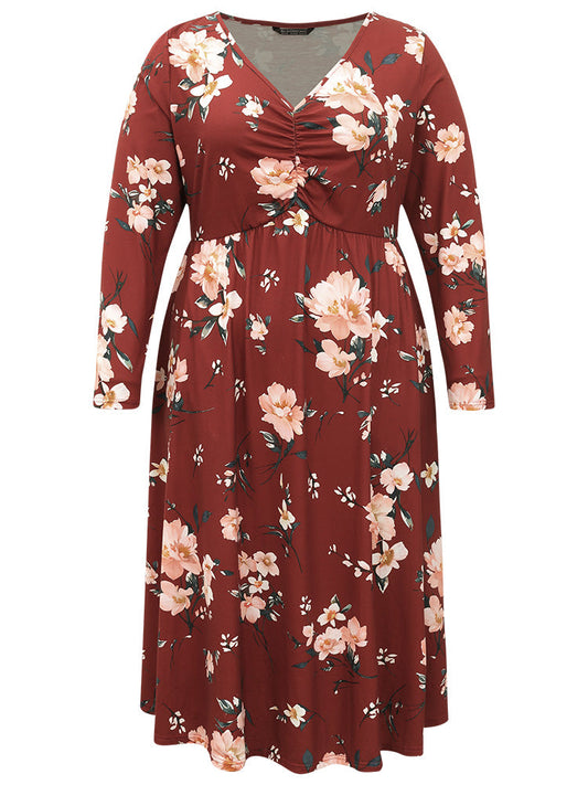 Floral Pocket Ruched Elastic Waist Dress