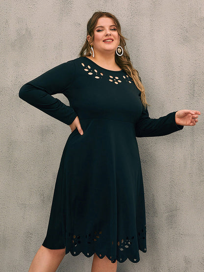 Lace Hollow Out Solid Patchwork Round Neck Dress