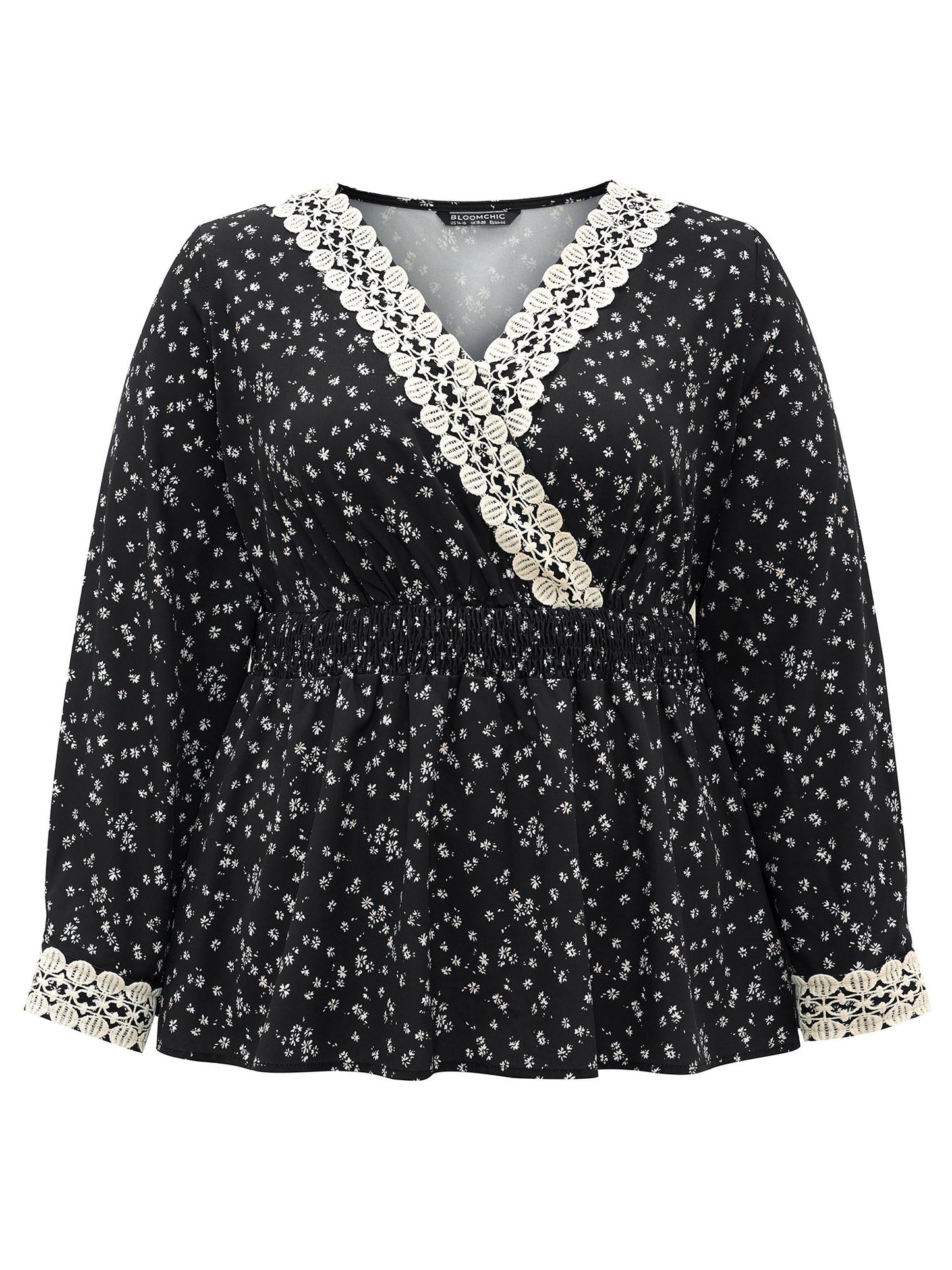 Ditsy Floral Wrap Shirred Lace Patchwork Blouse