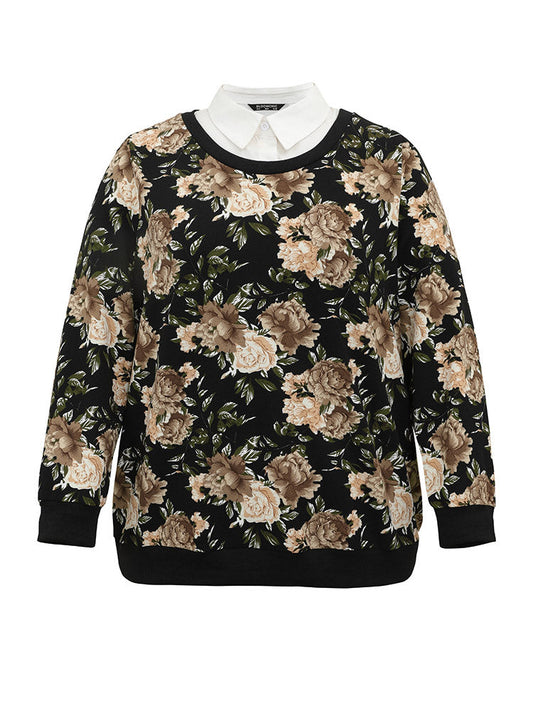 2-In-1 Floral Print Shirt Collar Sweatshirt