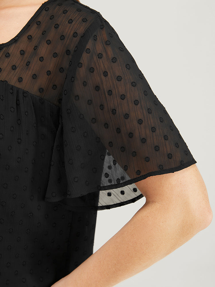 Plain Textured Mesh Patchwork Square Neck Blouse