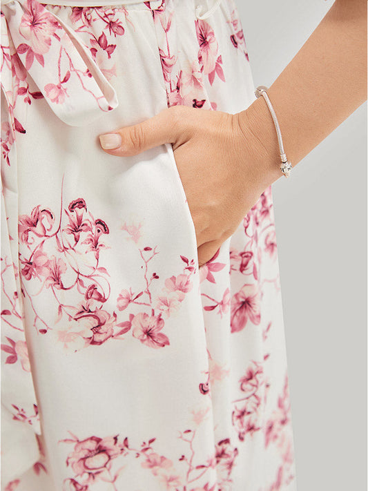Floral Wrap Flutter Hem Pocket Belted Dolman Sleeve Dress