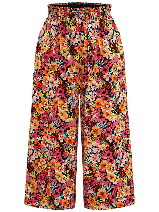 Floral Print Shirred Pocket Wide Leg Woven Pants