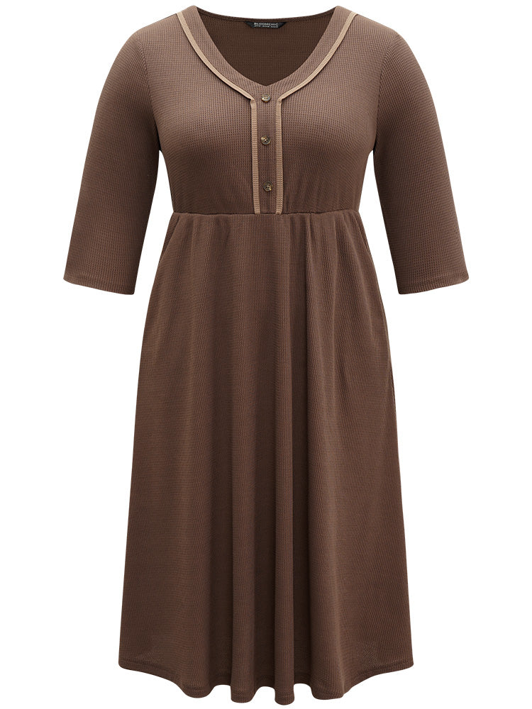 Waffle Knit Contrast V Neck Button Detail Dress