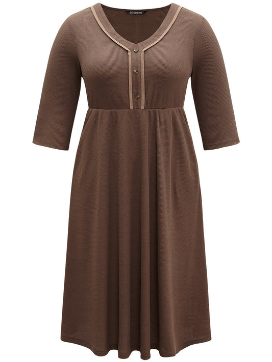 Waffle Knit Contrast V Neck Button Detail Dress