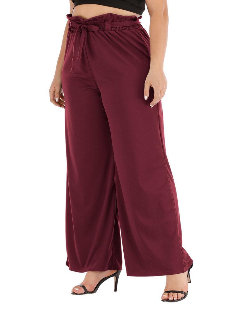 Bow Belt Wide Leg Solid Color Pants
