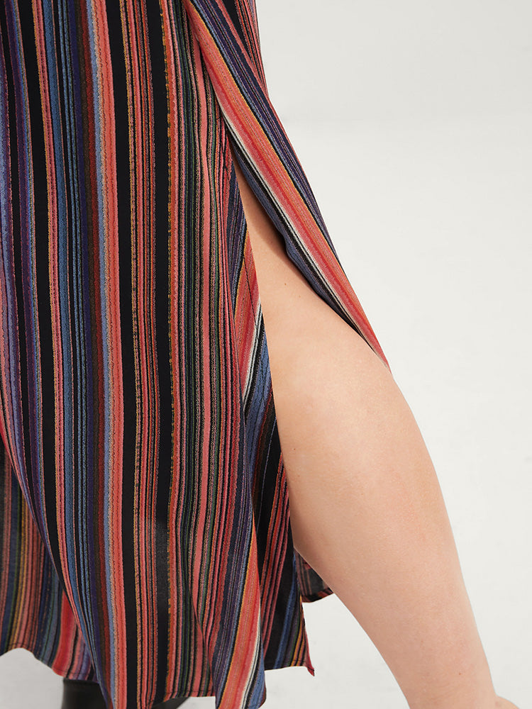 Striped Contrast Halter Off Shoulder Pocket Split Hem Dress