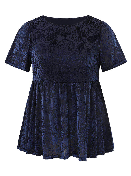 Plain Paisley Elastic Waist Ruffled Hem T-shirt