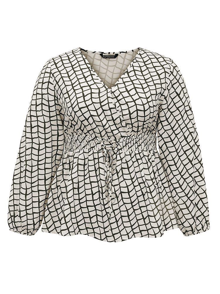 Plaid Lace Up Overlap Collar Shirred Blouse