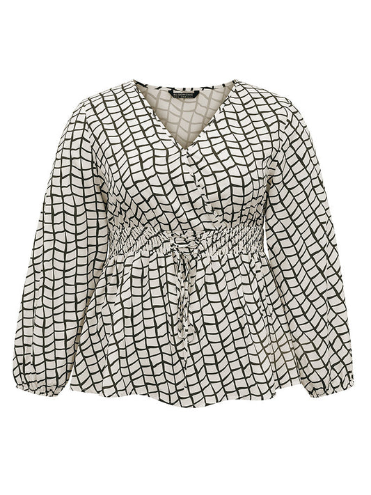 Plaid Lace Up Overlap Collar Shirred Blouse