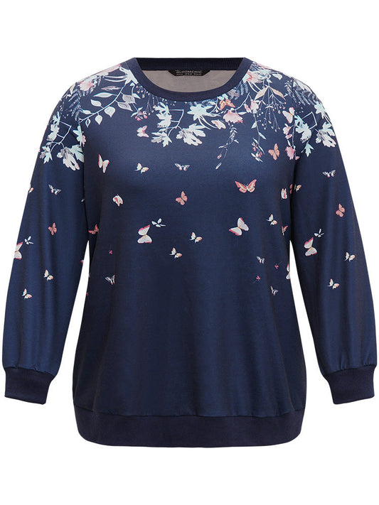 Boho Print Elastic Cuffs Round Neck Sweatshirt