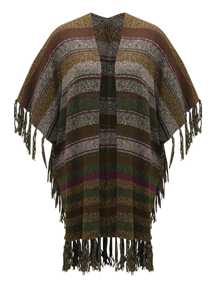 Contrast Striped Fringe Trim Drape Cardigan