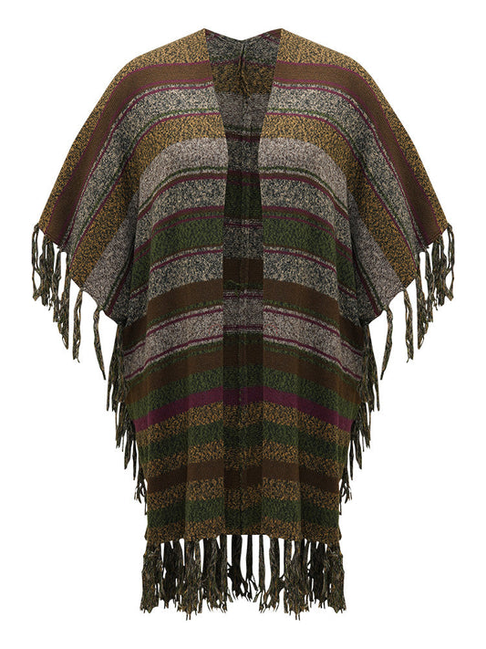 Contrast Striped Fringe Trim Drape Cardigan