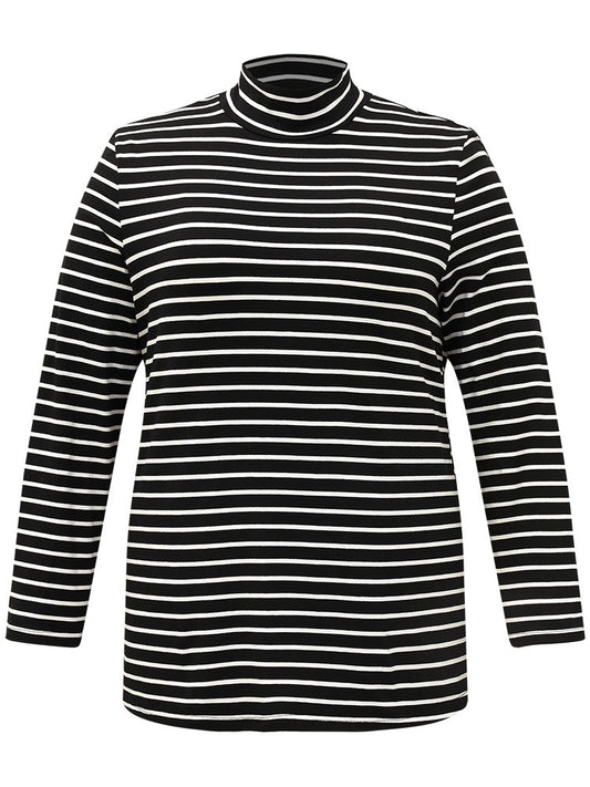 Cotton Striped Funnel Neck T-shirt