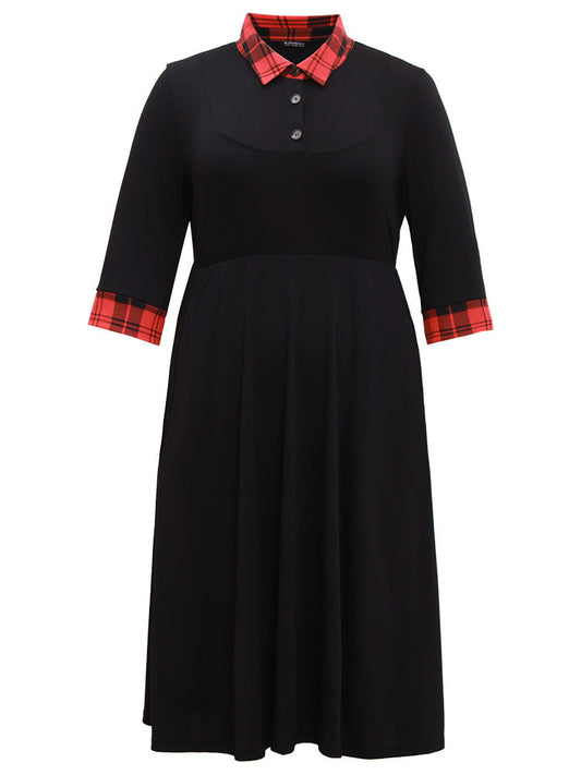 Plaid Patchwork Shirt Collar Button Up Dress