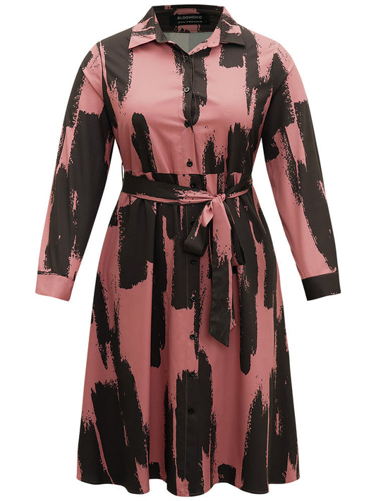 Brush Print Shirt Collar Pocket Belted Dress