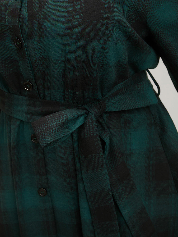 Plaid Pocket Button Detail Belted Asymmetrical Hem Dress