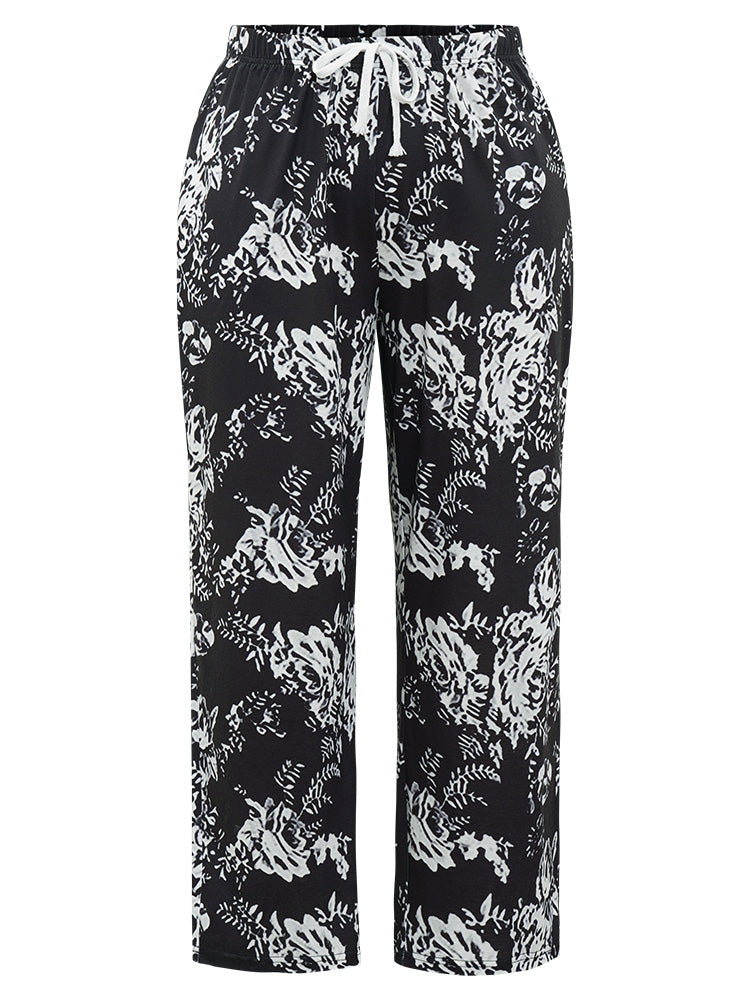 Silhouette Floral Print Drawstring Pocket Elastic Waist Sleep Shorts