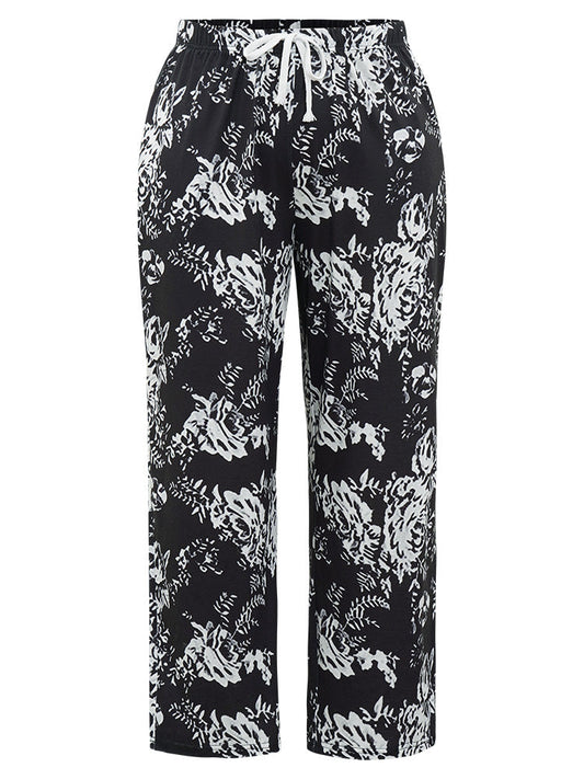 Silhouette Floral Print Drawstring Pocket Elastic Waist Sleep Shorts