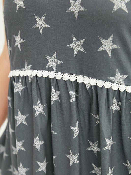 Star Print Lace Trim Ruffle Hem Tank Top