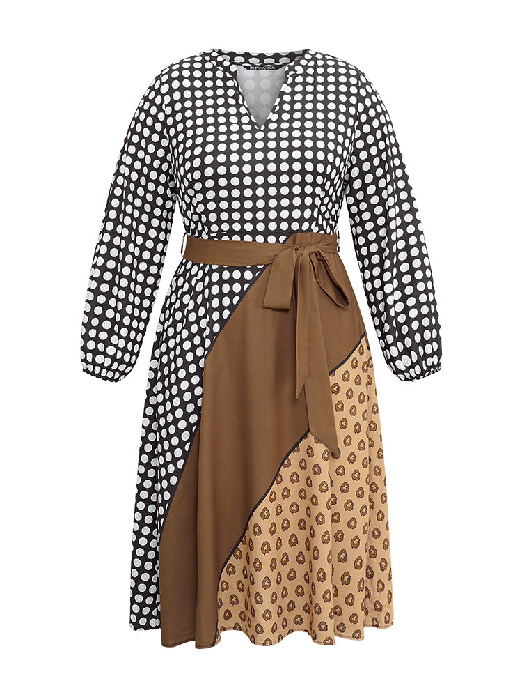 Polka Dot Patchwork Colorblock Belted Notched Dress