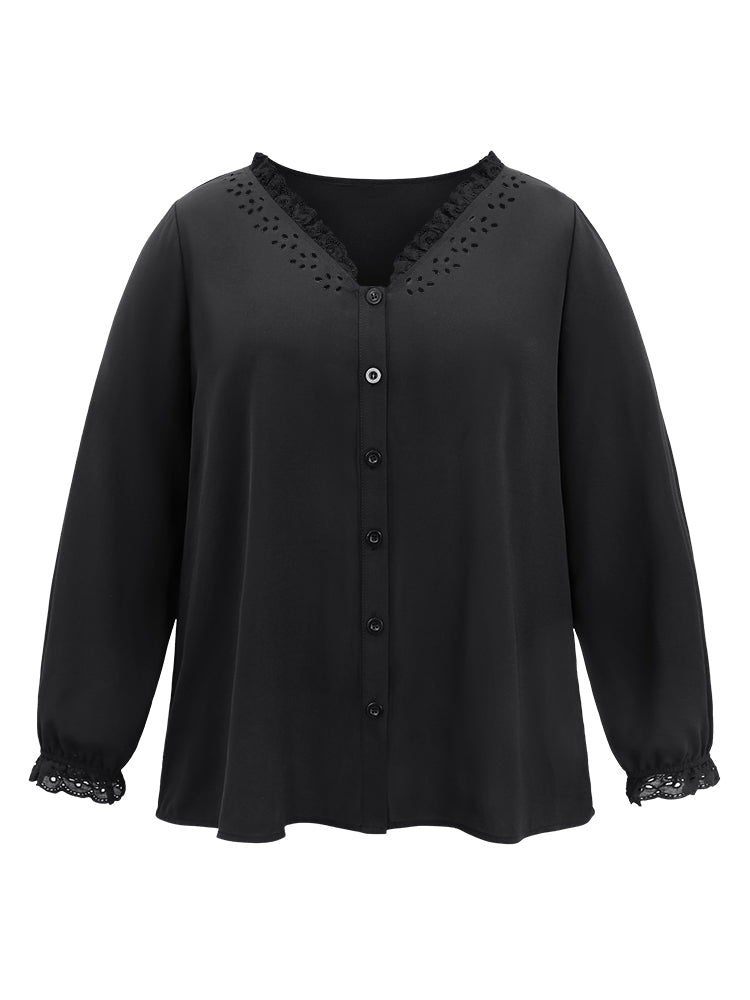 Guipure Lace Laser Cut Patchwork Lantern Sleeve Blouse