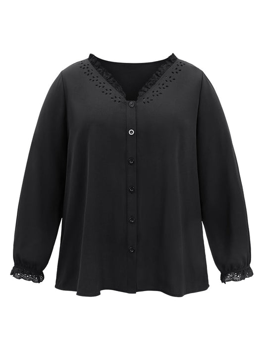 Guipure Lace Laser Cut Patchwork Lantern Sleeve Blouse