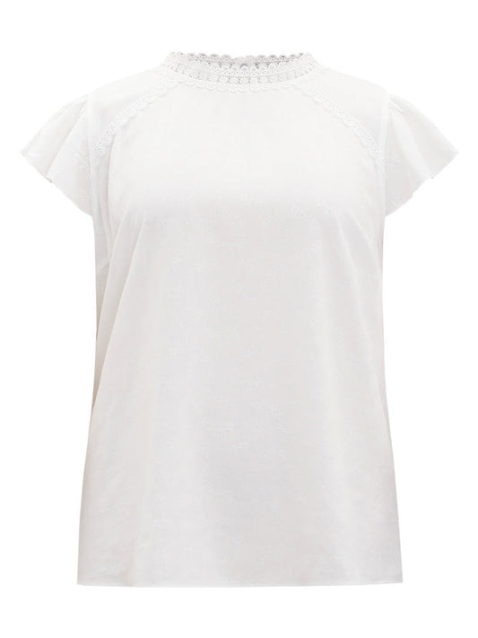 Plain Contrast Lace Keyhole Woven Top