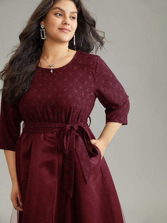 Texture Mesh Patchwork Glitter Belted Dress