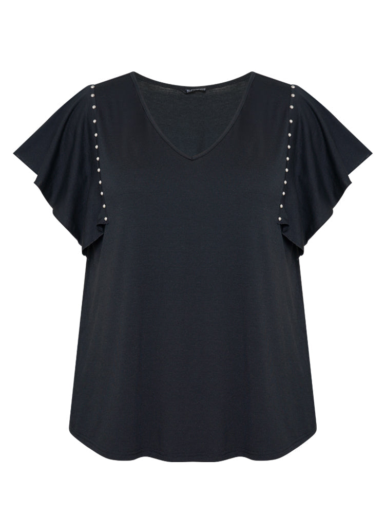 Plain Rivets Ruffle Sleeve T-shirt