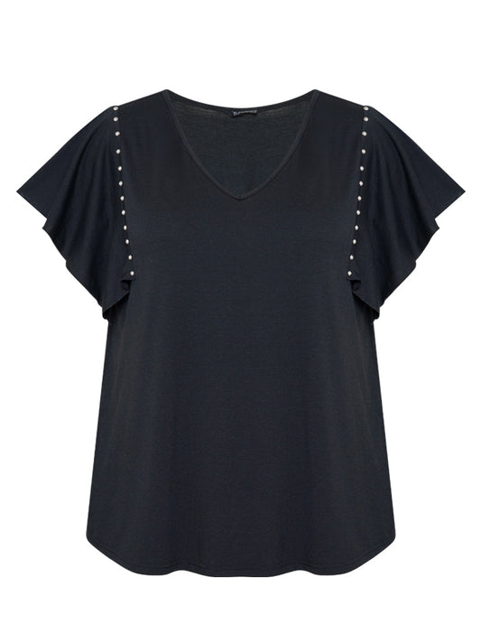 Plain Rivets Ruffle Sleeve T-shirt
