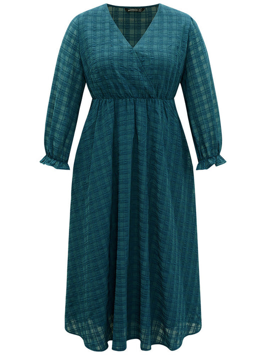 Plaid Wrap Elastic Waist Gathered Ruffles Dress