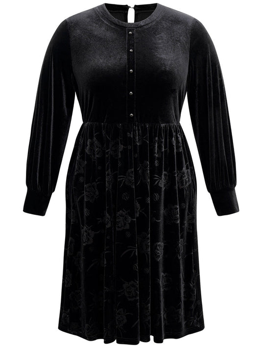 Solid Velvet Button Detail Pocket Dress