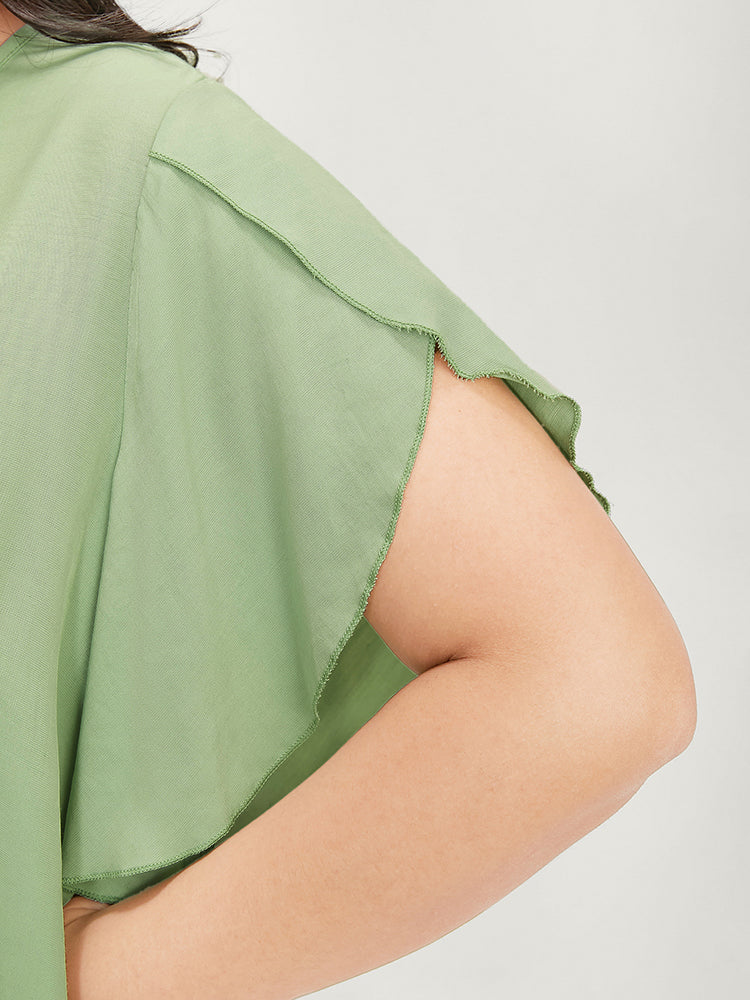 Plain Keyhole Round Neck Petal Sleeve Blouse