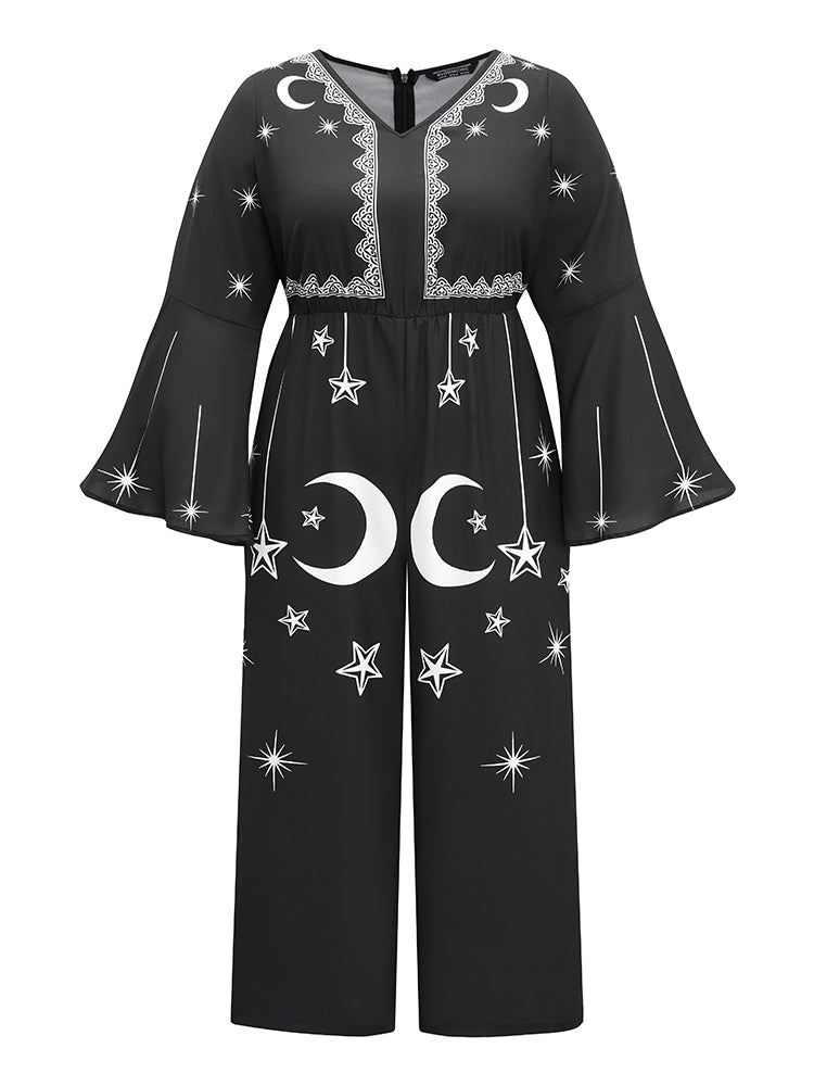 Halloween Moon & Star Elastic Waist Bell Sleeve Jumpsuit
