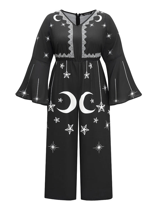 Halloween Moon & Star Elastic Waist Bell Sleeve Jumpsuit