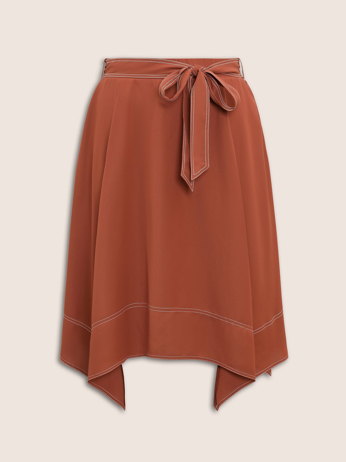 Contrast Trim Bowknot Belted Asymmetrical Hem Skirt