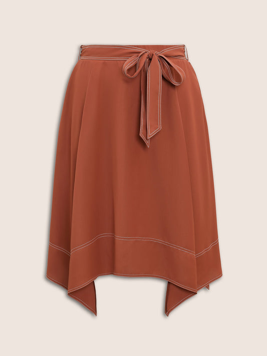 Contrast Trim Bowknot Belted Asymmetrical Hem Skirt