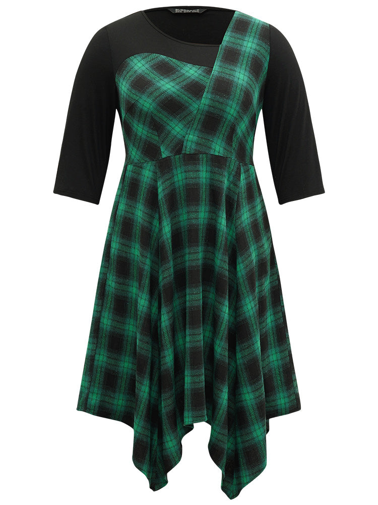 Christmas Plaid Asymmetrical Patchwork Hanky Hem Dress