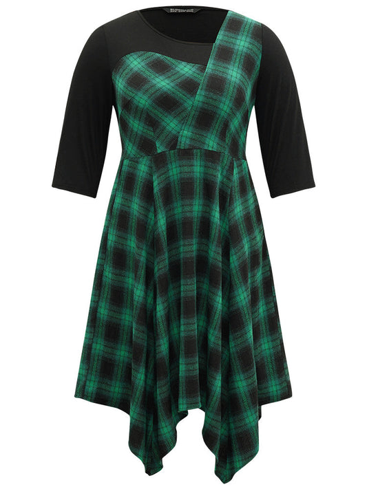 Christmas Plaid Asymmetrical Patchwork Hanky Hem Dress