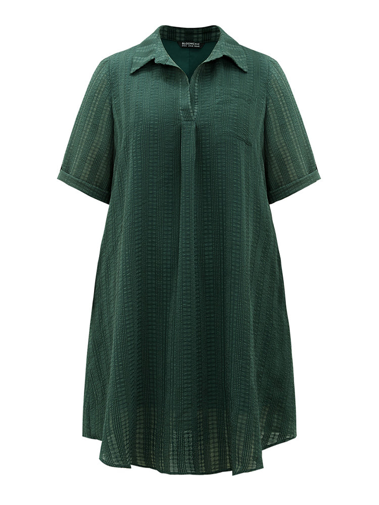 Solid Textured Pocket Tab Sleeve Arc Hem Dress